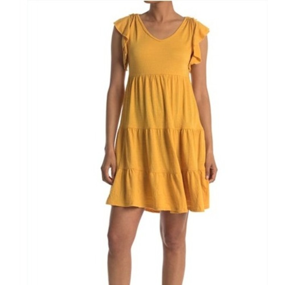Max Studio Mustard Yellow Dress XS Ruffle Cap‎ Sleeve Tiered Babydoll Mini